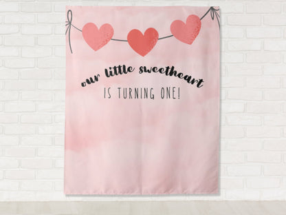 Our Little Sweetheart Heart Garland Custom Birthday Backdrop | Personalized Valentine's Day Photo Booth