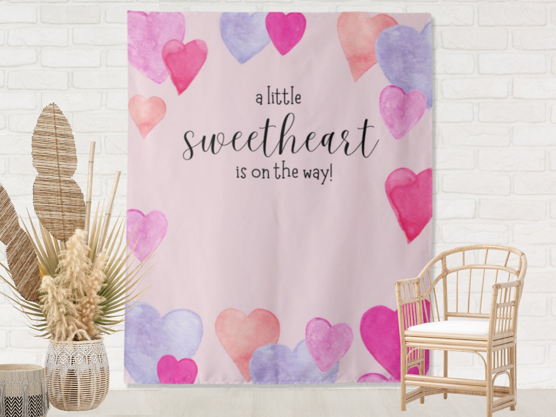 A Little Sweetheart is On The Way Pink Watercolor Hearts Custom Birthday Backdrop | Personalized Valentine's Day Photo Booth