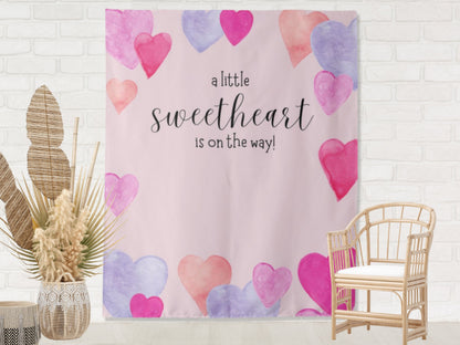 A Little Sweetheart is On The Way Pink Watercolor Hearts Custom Birthday Backdrop | Personalized Valentine's Day Photo Booth