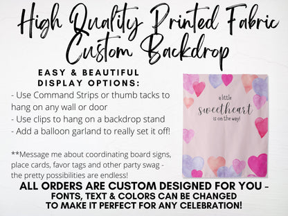 A Little Sweetheart is On The Way Pink Watercolor Hearts Custom Birthday Backdrop | Personalized Valentine's Day Photo Booth