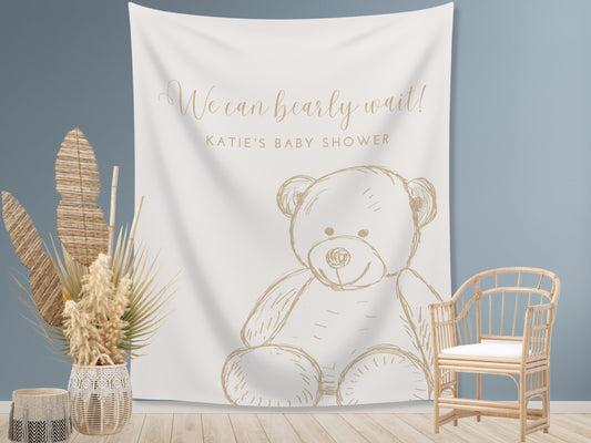 Teddy Bear Custom Baby Shower Banner | We Can Bearly Wait Personalized Party Backdrop | Gender Neutral Baby Shower Décor | Boy Baby Shower
