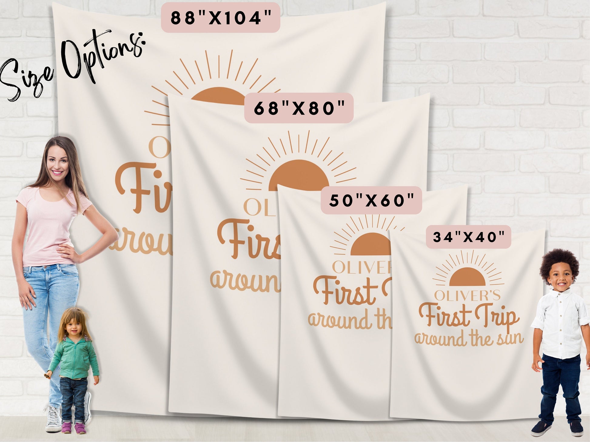 Boho Orange First Trip Around the Sun Personalized 1st Birthday Party Backdrop | Retro Sunshine Custom Party Banner | Boy Birthday Party