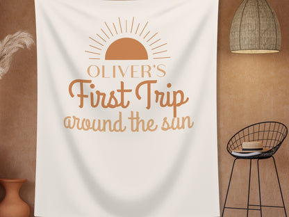 Boho Orange First Trip Around the Sun Personalized 1st Birthday Party Backdrop | Retro Sunshine Custom Party Banner | Boy Birthday Party