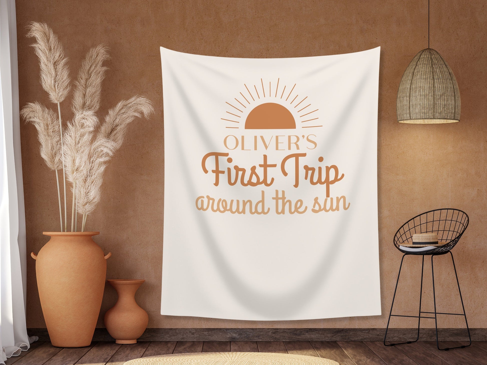 Boho Orange First Trip Around the Sun Personalized 1st Birthday Party Backdrop | Retro Sunshine Custom Party Banner | Boy Birthday Party