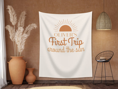 Boho Orange First Trip Around the Sun Personalized 1st Birthday Party Backdrop | Retro Sunshine Custom Party Banner | Boy Birthday Party