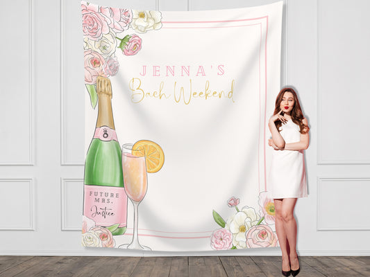 Champagne Bachelorette Party Custom Backdrop | Pink Floral Champagne Bottle Bach Weekend Personalized Banner | Bridal Brunch | Baby Shower
