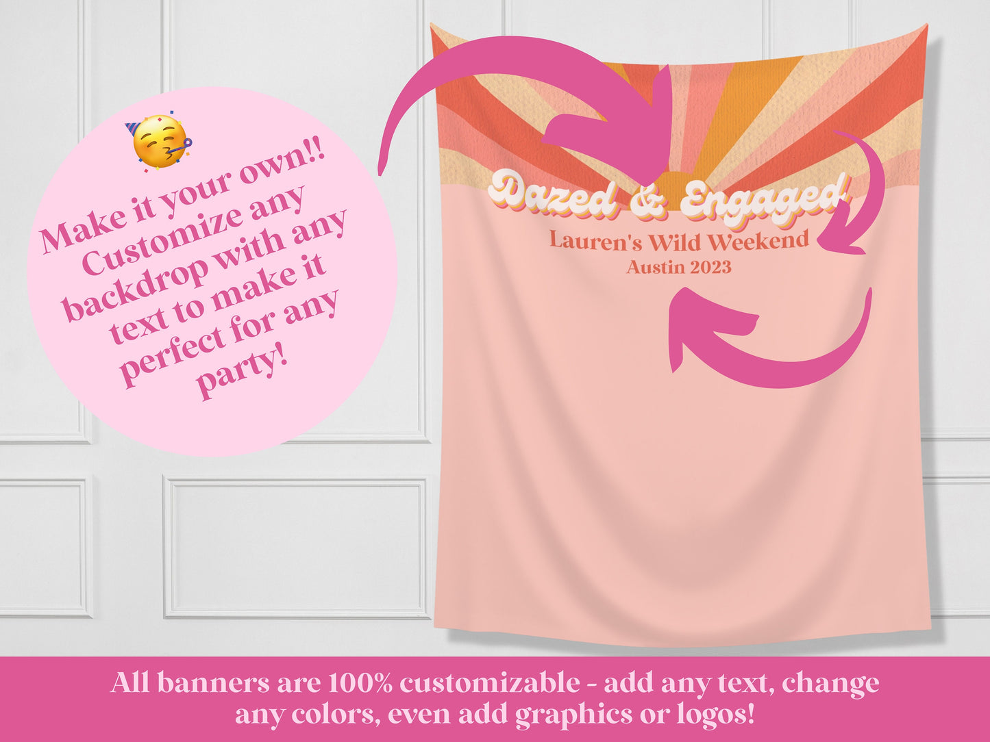 Here Comes the Bride Retro Customizable Bachelorette Party Backdrop | Dazed & Engaged Bach Weekend Décor | Here Comes the Sun Backdrop