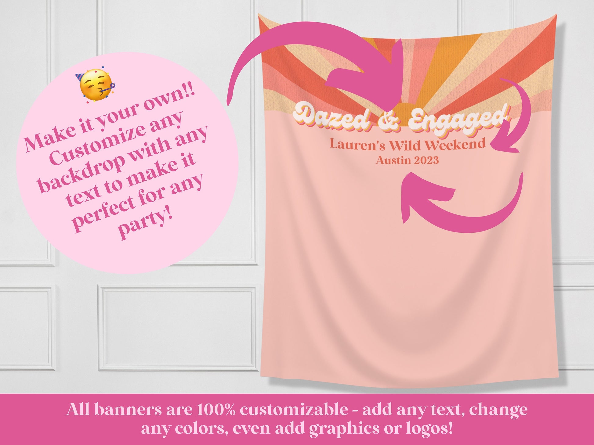 Here Comes the Bride Retro Customizable Bachelorette Party Backdrop | Dazed & Engaged Bach Weekend Décor | Here Comes the Sun Backdrop