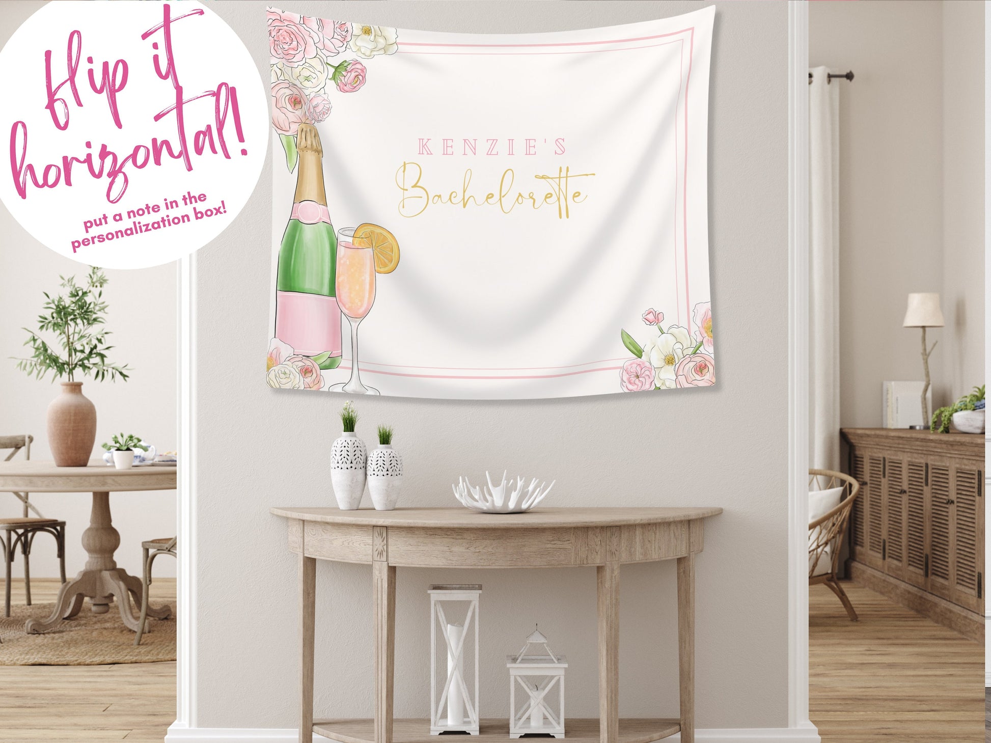 Champagne Bachelorette Party Custom Backdrop | Pink Floral Champagne Bottle Bach Weekend Personalized Banner | Bridal Brunch | Baby Shower