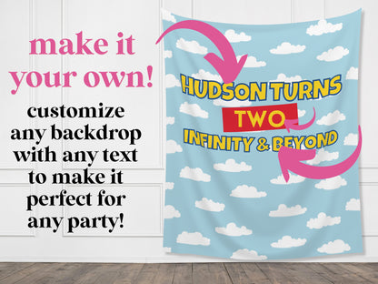 Custom Birthday Story Backdrop | Boy Birthday Party Theme | Blue Cloud Banner | Toy Classic Bright, Muted Colors, or Pink | Two Infinity
