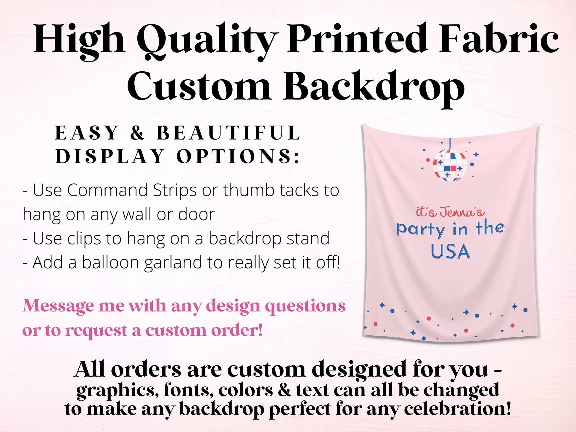 It's a Party in the USA Custom Text Party Backdrop | 4th of July Personalized Banner | Birthday, Bachelorette, 30th, Pool Party or BBQ Décor