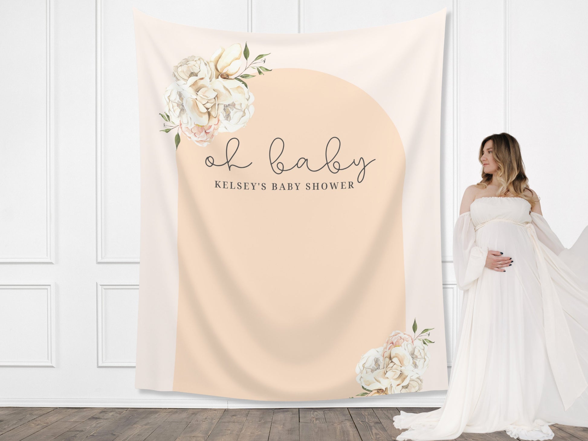 Boho Arch Floral Personalized Baby Shower Backdrop | Oh Baby Customizable Party Banner | Baby Shower Balloon Garland Décor