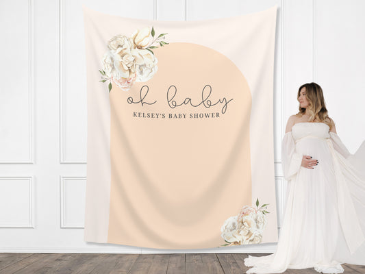 Boho Arch Floral Personalized Baby Shower Backdrop | Oh Baby Customizable Party Banner | Baby Shower Balloon Garland Décor
