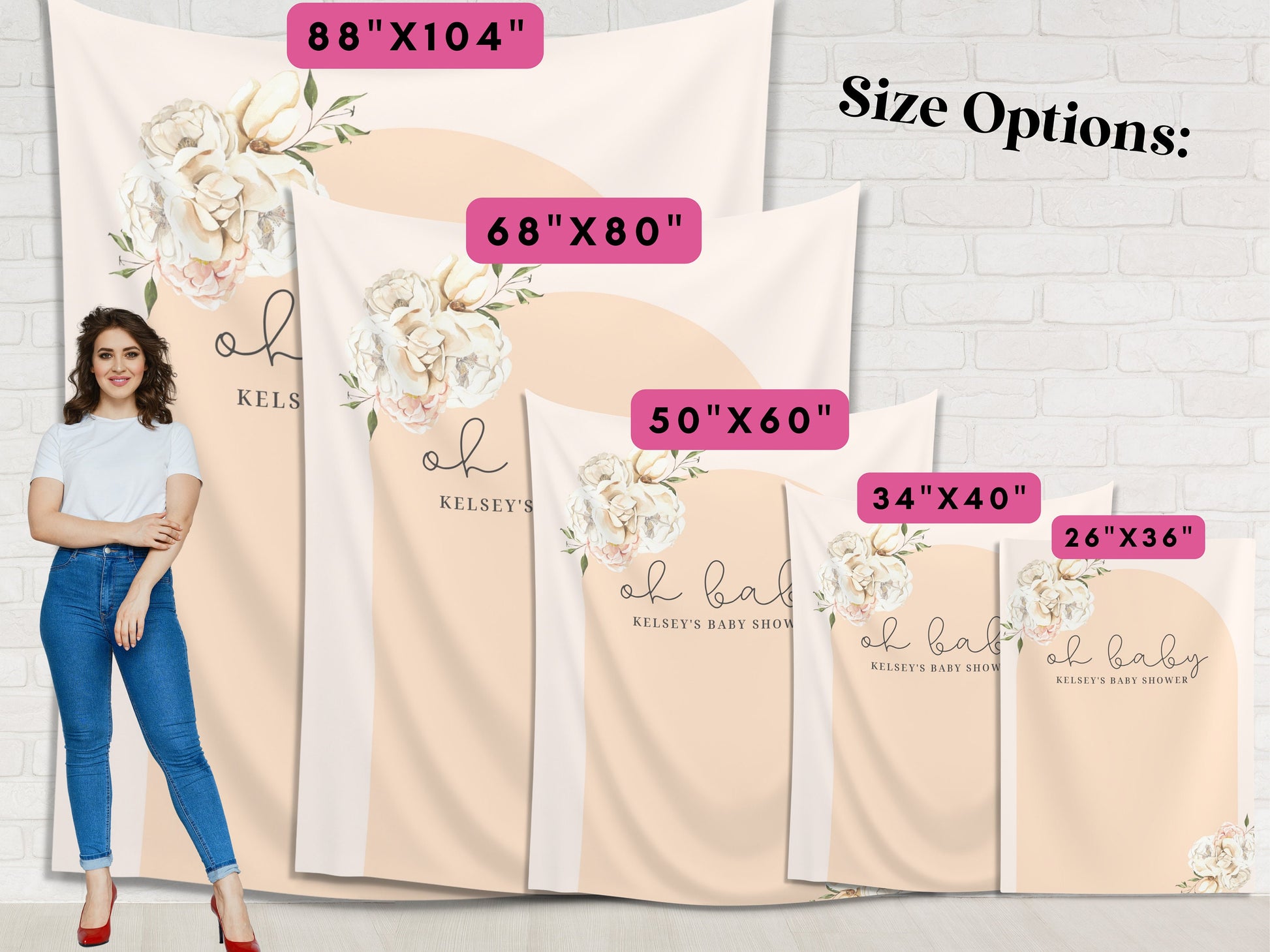Boho Arch Floral Personalized Baby Shower Backdrop | Oh Baby Customizable Party Banner | Baby Shower Balloon Garland Décor