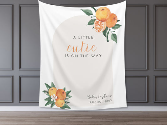 A Little Cutie Custom Baby Shower Banner | Neutral Orange Citrus Baby Shower Gender Reveal Backdrop | Baby Shower Décor | Girl Baby Shower