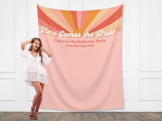Here Comes the Bride Retro Customizable Bachelorette Party Backdrop | Dazed & Engaged Bach Weekend Décor | Here Comes the Sun Backdrop