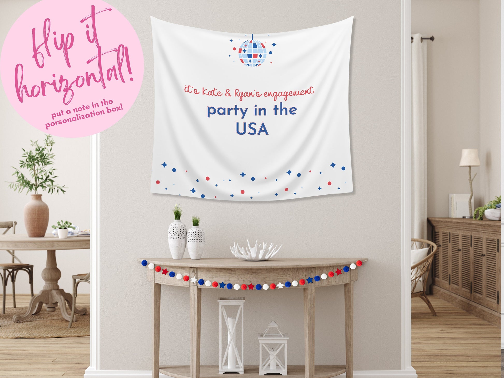 It's a Party in the USA Custom Text Party Backdrop | 4th of July Personalized Banner | Birthday, Bachelorette, 30th, Pool Party or BBQ Décor