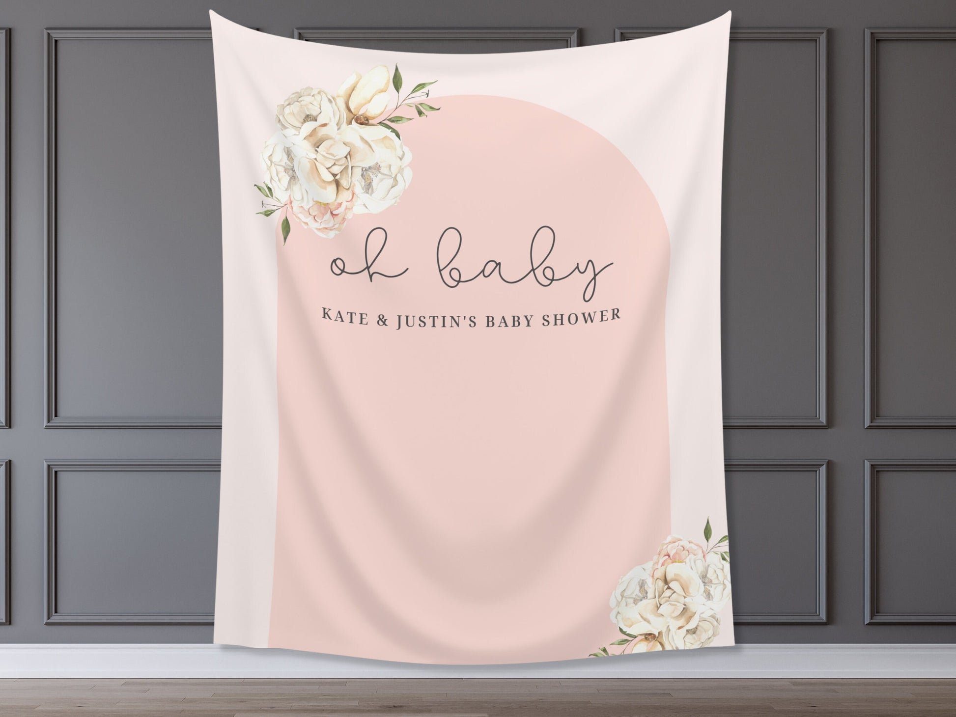 Boho Arch Floral Personalized Baby Shower Backdrop | Oh Baby Customizable Party Banner | Baby Shower Balloon Garland Décor