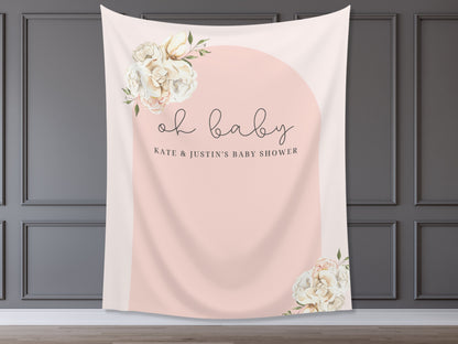 Boho Arch Floral Personalized Baby Shower Backdrop | Oh Baby Customizable Party Banner | Baby Shower Balloon Garland Décor