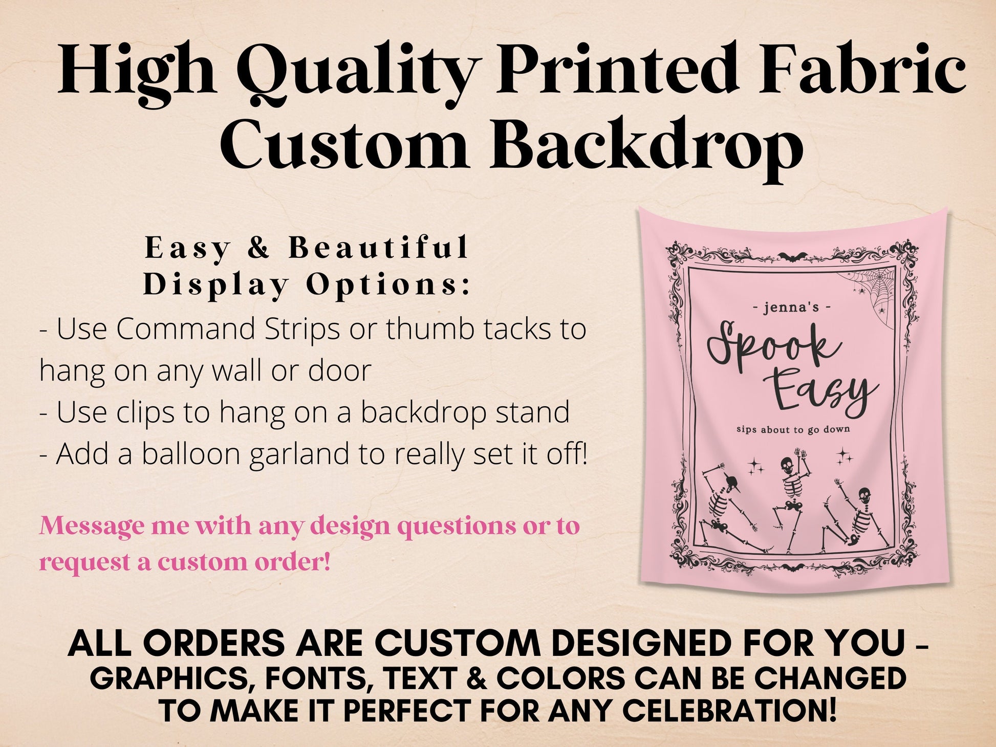 Spook Easy Custom Name Banner | Customizable Text Halloween Party Backdrop | Dancing Skeleton Birthday, Fall Festival, Business Shop Décor