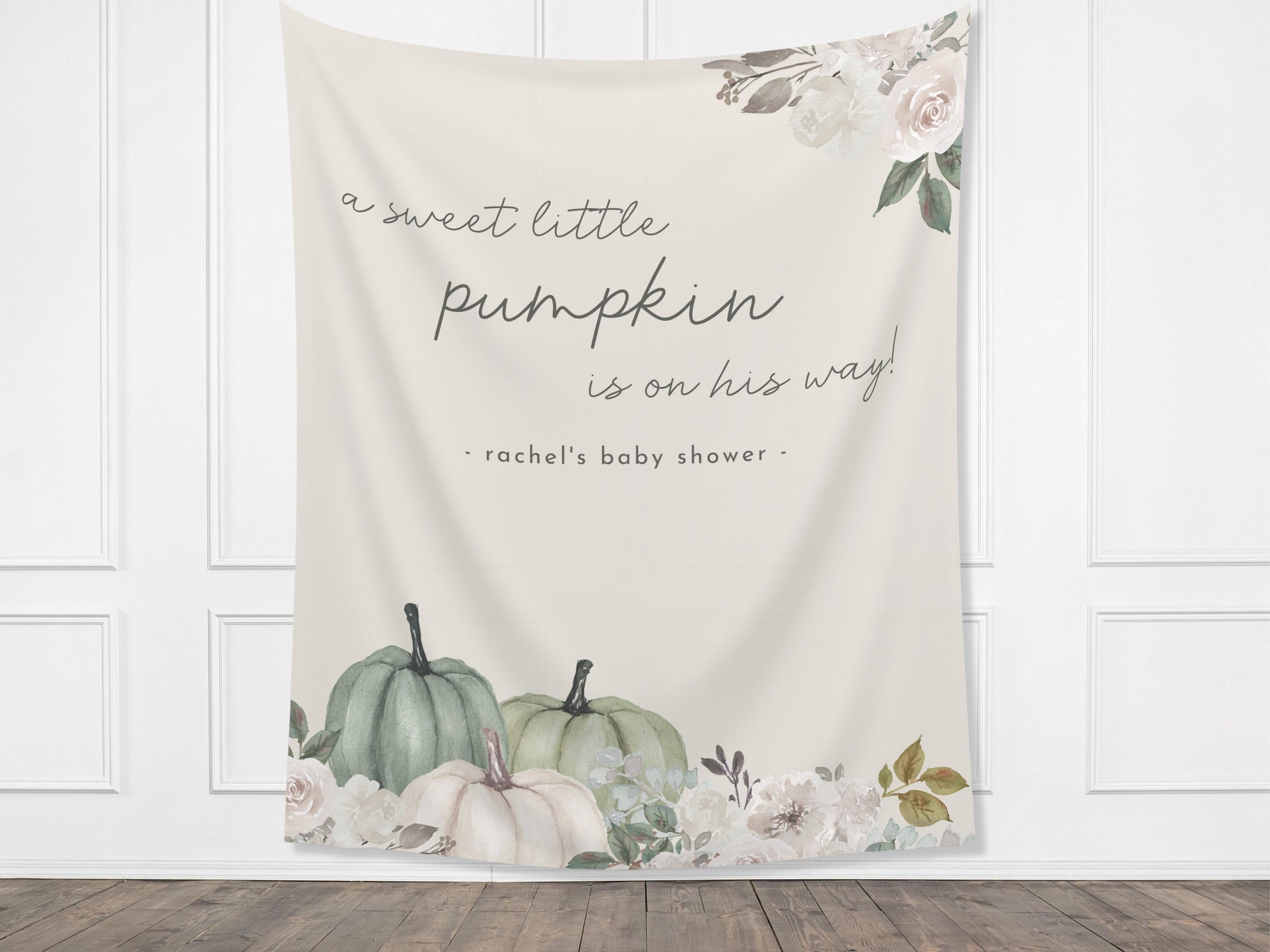 A Little Pumpkin Customizable Fall Baby Shower Backdrop | Sage Green Custom Pumpkin Autumn Floral Banner | September October Party Décor