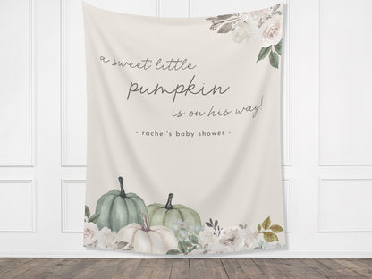 A Little Pumpkin Customizable Fall Baby Shower Backdrop | Sage Green Custom Pumpkin Autumn Floral Banner | September October Party Décor