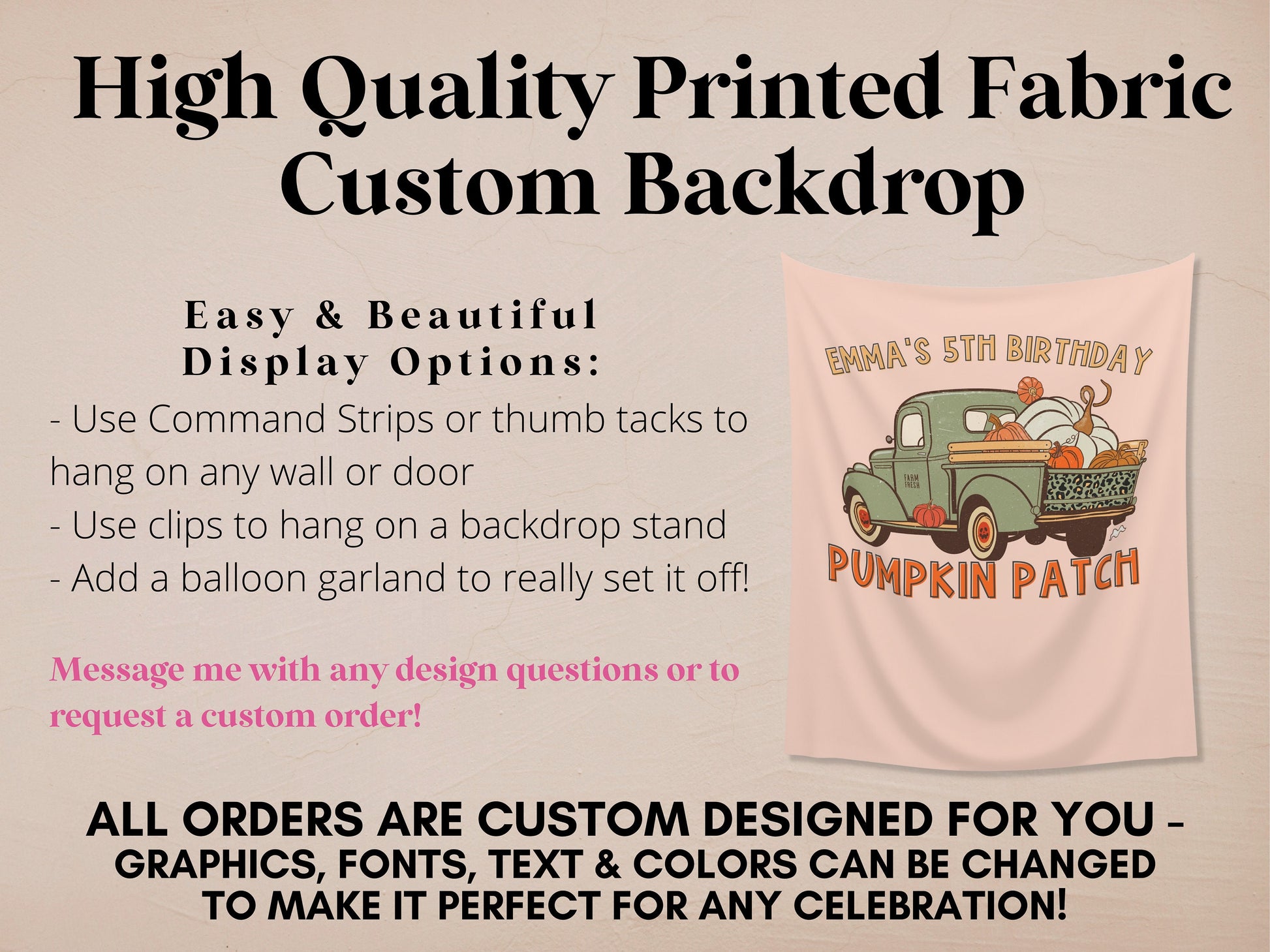 Pumpkin Patch Leopard Truck Custom Text Banner | Customizable Fall Backdrop | 1st Birthday, Kid Birthday, Fall Festival or Baby Shower Décor