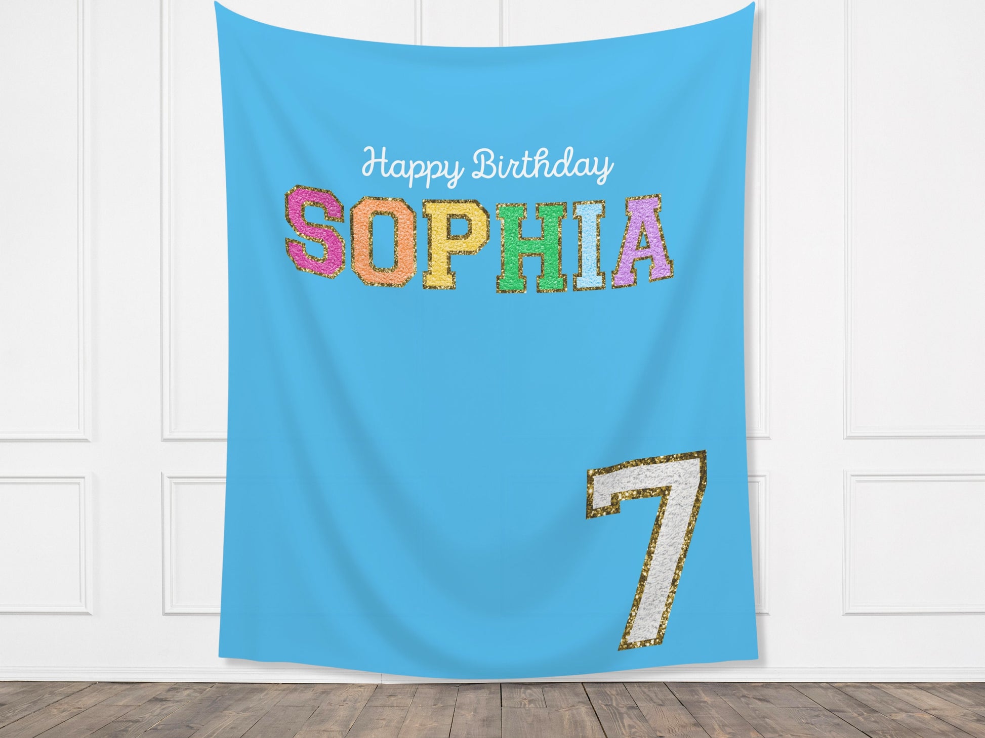 Preppy Patch Glitter Letter Custom Party Backdrop | Stoney Inspired Rainbow Party Banner | Gold Chenille Varsity | ANY Text, Font and Colors