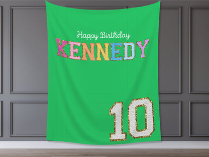Preppy Patch Glitter Letter Custom Party Backdrop | Stoney Inspired Rainbow Party Banner | Gold Chenille Varsity | ANY Text, Font and Colors