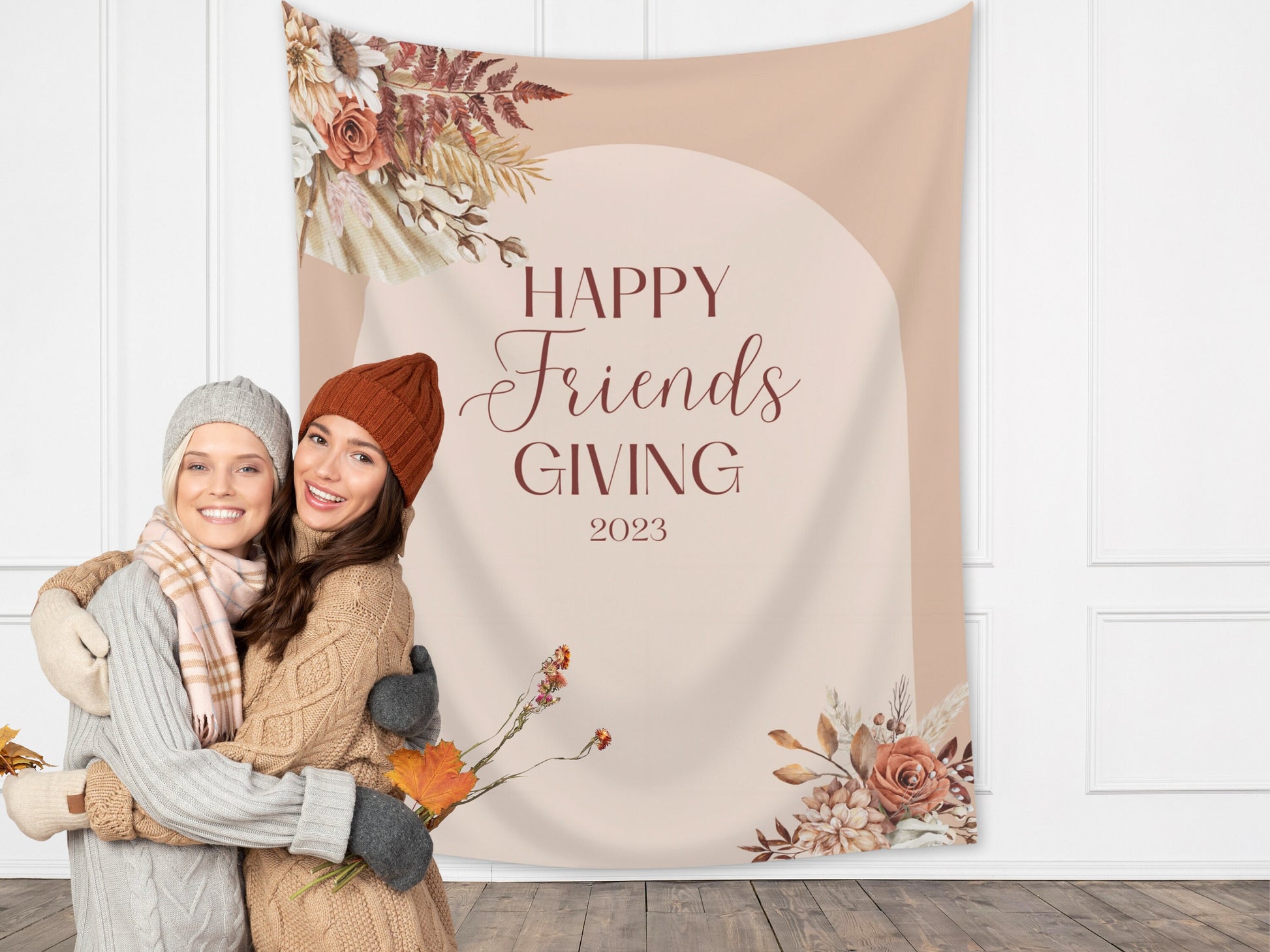 Happy Friendsgiving Boho Arch Fall Floral Custom Banner | Thanksgiving or Friendsgiving Party Backdrop for Balloon Garland | Dried Pampas