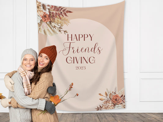 Happy Friendsgiving Boho Arch Fall Floral Custom Banner | Thanksgiving or Friendsgiving Party Backdrop for Balloon Garland | Dried Pampas
