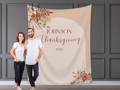 Happy Friendsgiving Boho Arch Fall Floral Custom Banner | Thanksgiving or Friendsgiving Party Backdrop for Balloon Garland | Dried Pampas