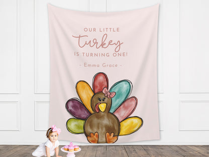 A Little Turkey Customizable Girl's Birthday Backdrop | Thanksgiving Birthday Party Banner | November Party Décor | 1st, 2nd, 3rd Birthday
