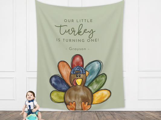 Our Little Turkey Customizable Boy's Birthday Backdrop | Thanksgiving Birthday Party Banner | November Party Décor | 1st, 2nd, 3rd Birthday
