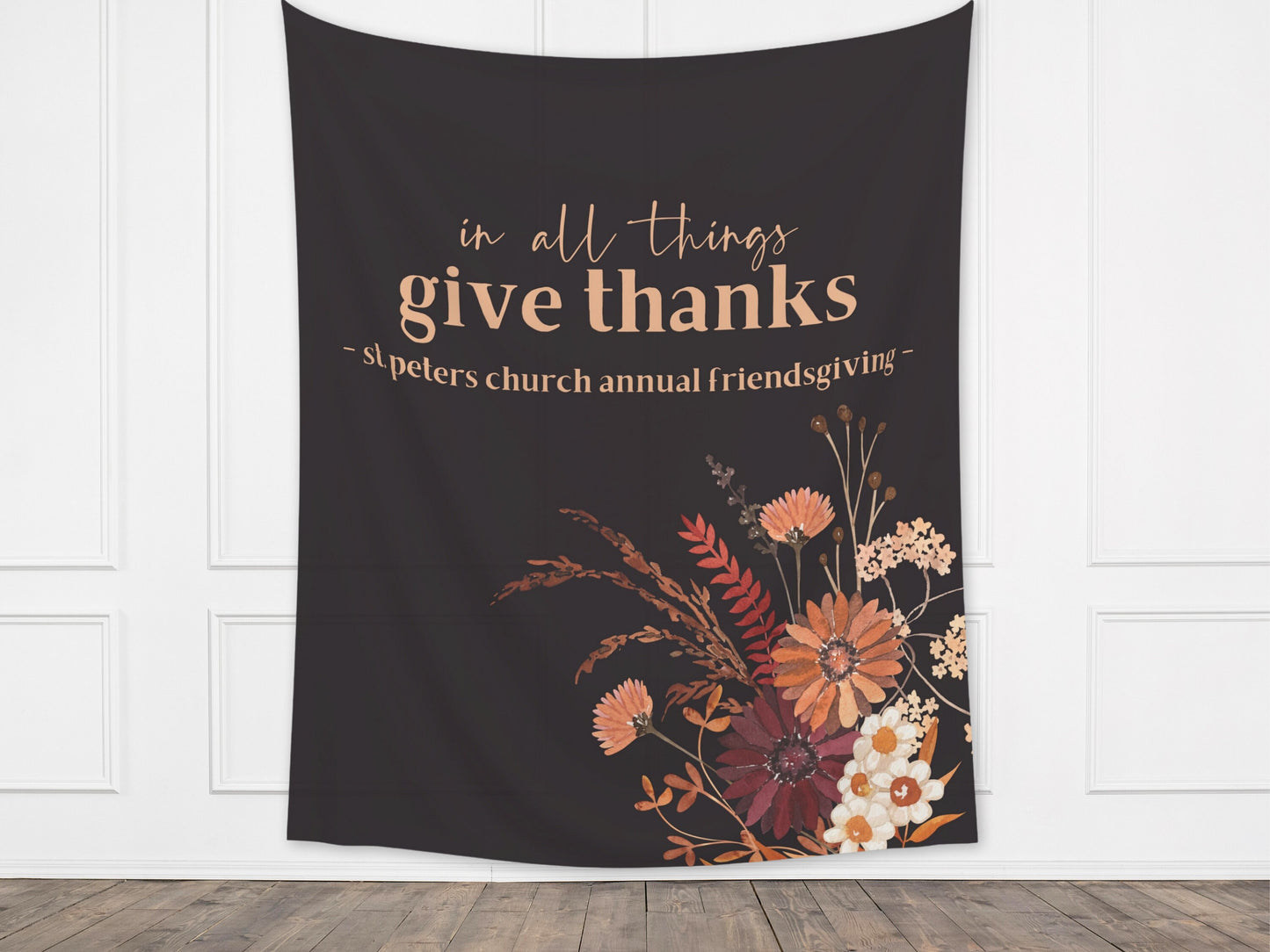 In All Things Give Thanks Boho Fall Wildflower Custom Banner | Custom Friendsgiving Party Backdrop for Balloon Garland | Thanksgiving Décor