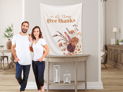 In All Things Give Thanks Boho Fall Wildflower Custom Banner | Custom Friendsgiving Party Backdrop for Balloon Garland | Thanksgiving Décor