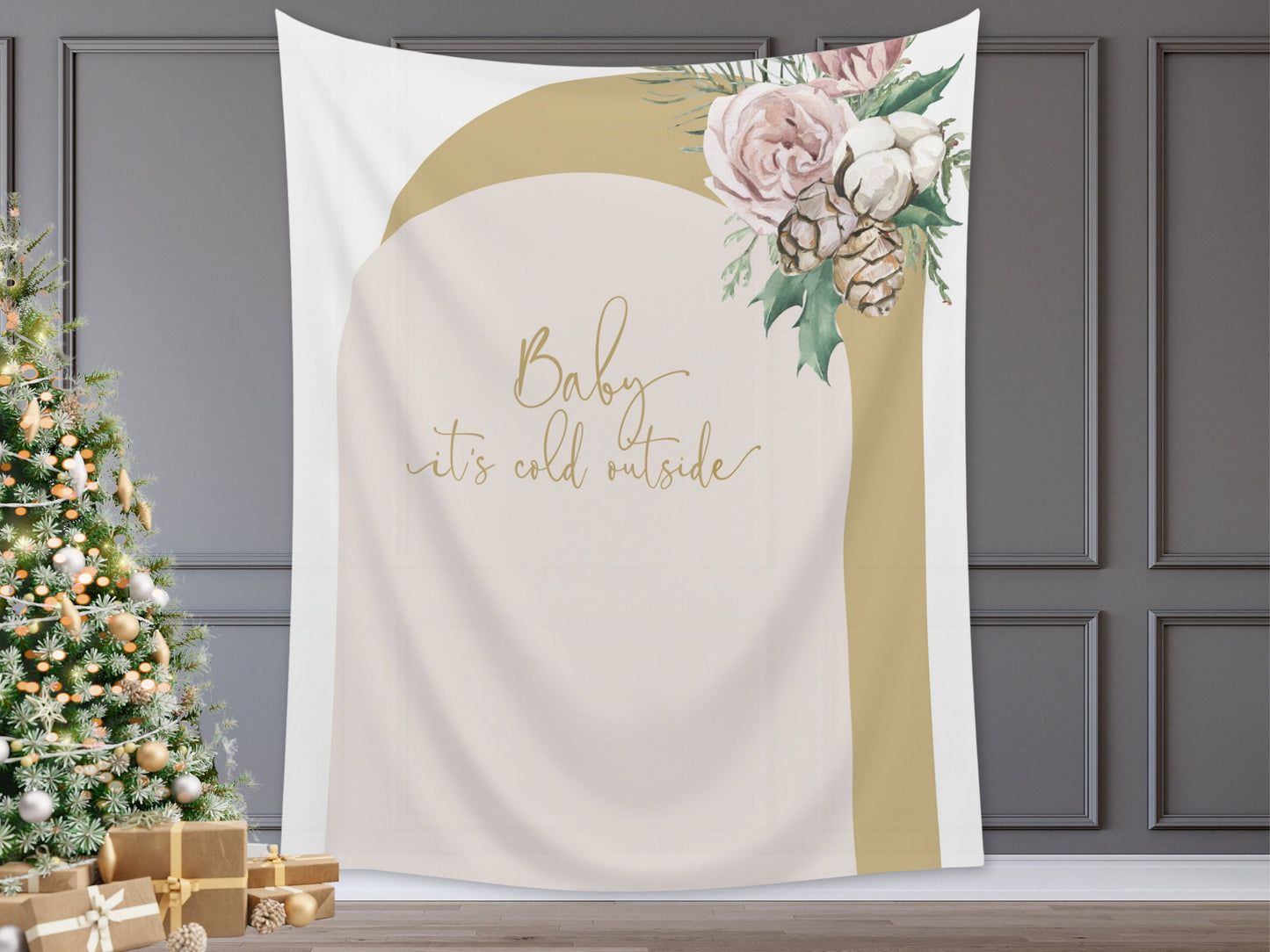 Baby It's Cold Outside Floral Arch Custom Baby Shower Banner | Winter Mistletoe Party Backdrop for Balloon Garland | Woodlands Wonderland