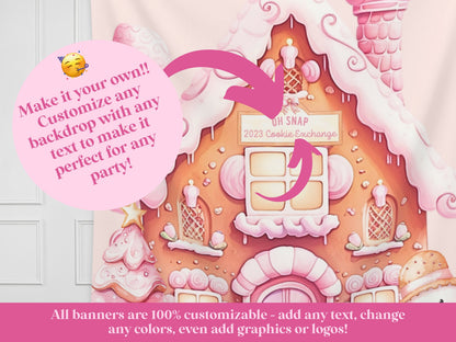 Gingerbread House Custom Holiday Banner | Pink, Blue or Neutral Backdrop for Balloon Garland | December Winter Party or Shower Décor |