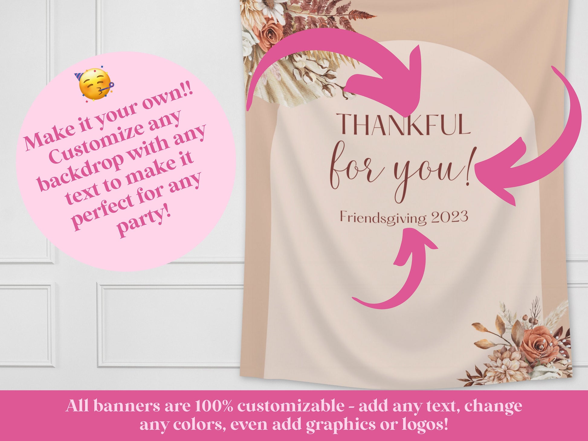 Happy Friendsgiving Boho Arch Fall Floral Custom Banner | Thanksgiving or Friendsgiving Party Backdrop for Balloon Garland | Dried Pampas