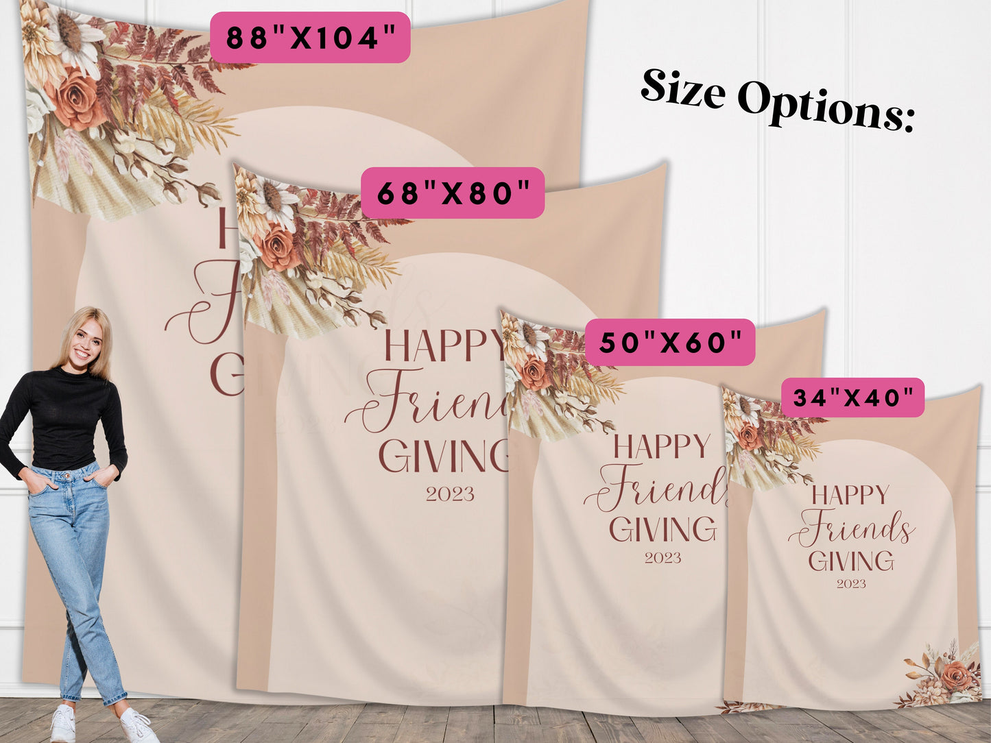 Happy Friendsgiving Boho Arch Fall Floral Custom Banner | Thanksgiving or Friendsgiving Party Backdrop for Balloon Garland | Dried Pampas