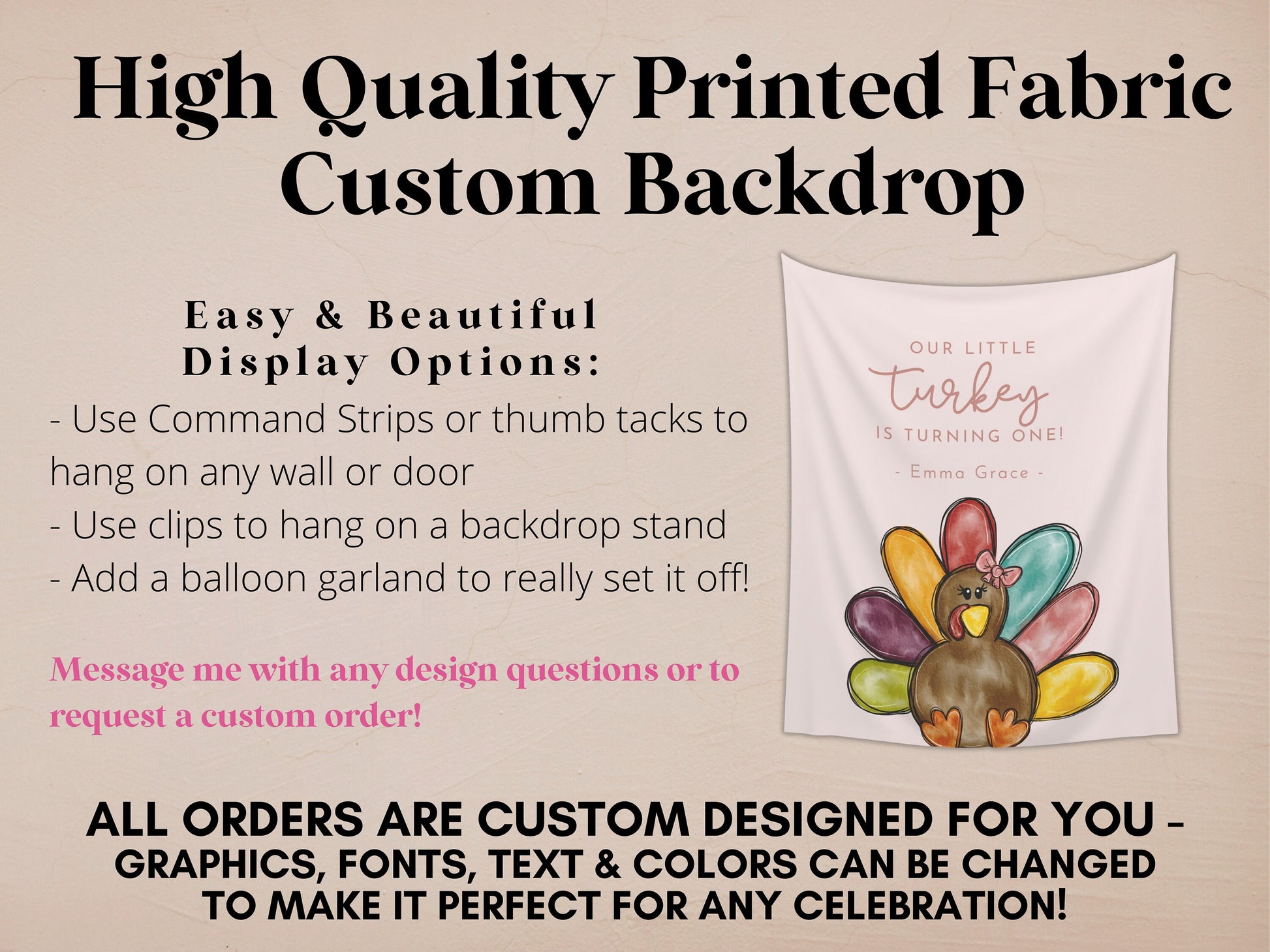 A Little Turkey Customizable Girl's Birthday Backdrop | Thanksgiving Birthday Party Banner | November Party Décor | 1st, 2nd, 3rd Birthday