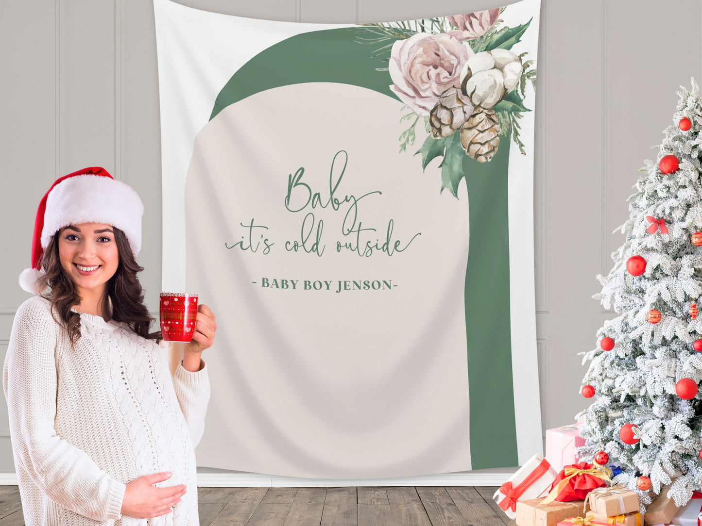 Baby It's Cold Outside Floral Arch Custom Baby Shower Banner | Winter Mistletoe Party Backdrop for Balloon Garland | Woodlands Wonderland