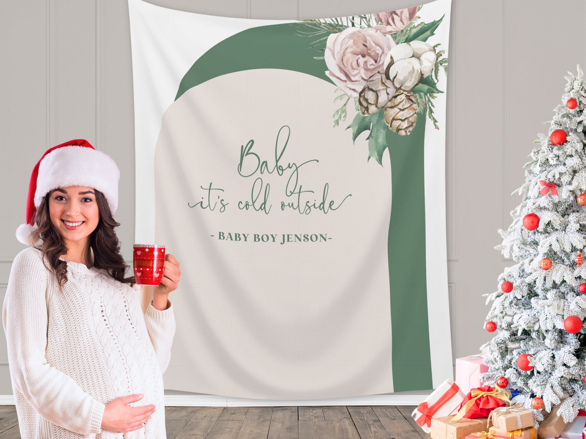 Baby It's Cold Outside Floral Arch Custom Baby Shower Banner | Winter Mistletoe Party Backdrop for Balloon Garland | Woodlands Wonderland