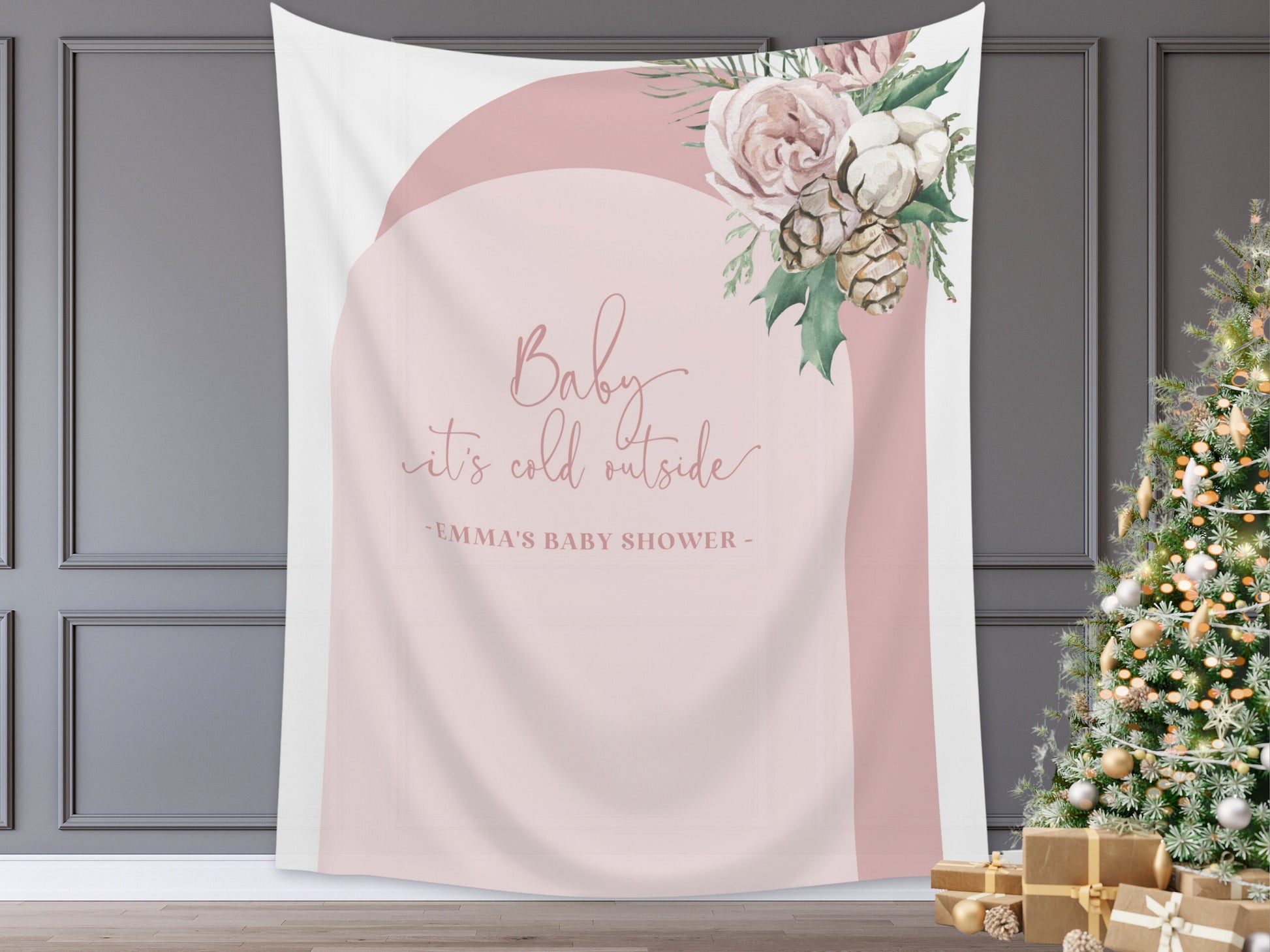 Baby It's Cold Outside Floral Arch Custom Baby Shower Banner | Winter Mistletoe Party Backdrop for Balloon Garland | Woodlands Wonderland