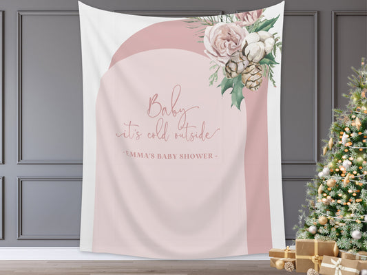 Baby It's Cold Outside Floral Arch Custom Baby Shower Banner | Winter Mistletoe Party Backdrop for Balloon Garland | Woodlands Wonderland