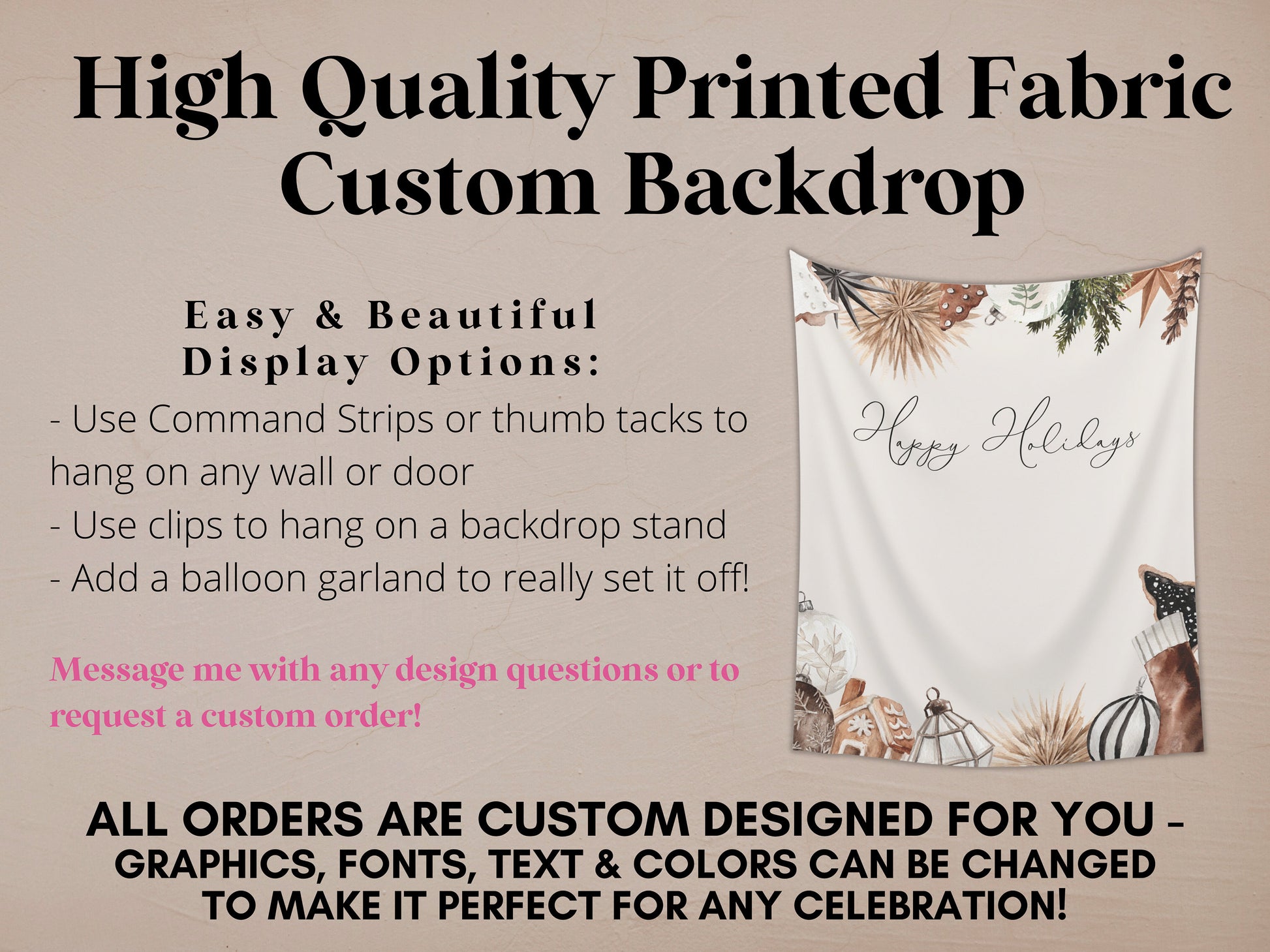 Cozy Chic Custom Holiday Banner | Black Christmas Party Backdrop for Balloon Garland | Rustic Boho Party or Shower Décor | Watercolor Wreath