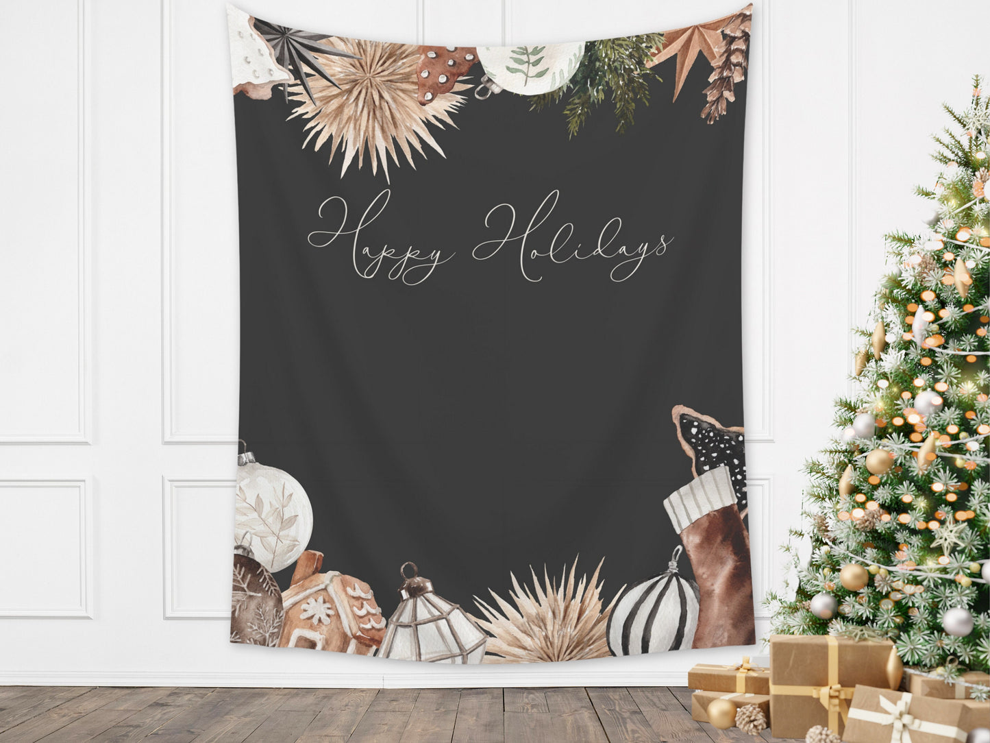 Cozy Chic Custom Holiday Banner | Black Christmas Party Backdrop for Balloon Garland | Rustic Boho Party or Shower Décor | Watercolor Wreath