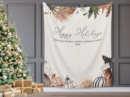 Cozy Chic Custom Holiday Banner | Black Christmas Party Backdrop for Balloon Garland | Rustic Boho Party or Shower Décor | Watercolor Wreath