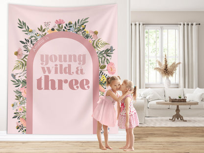 Young Wild Three Custom Backdrop, She's a Little Wildflower, Custom 3rd Birthday Party Backdrop, Girl Birthday, Boho Birthday, Retro Flowers