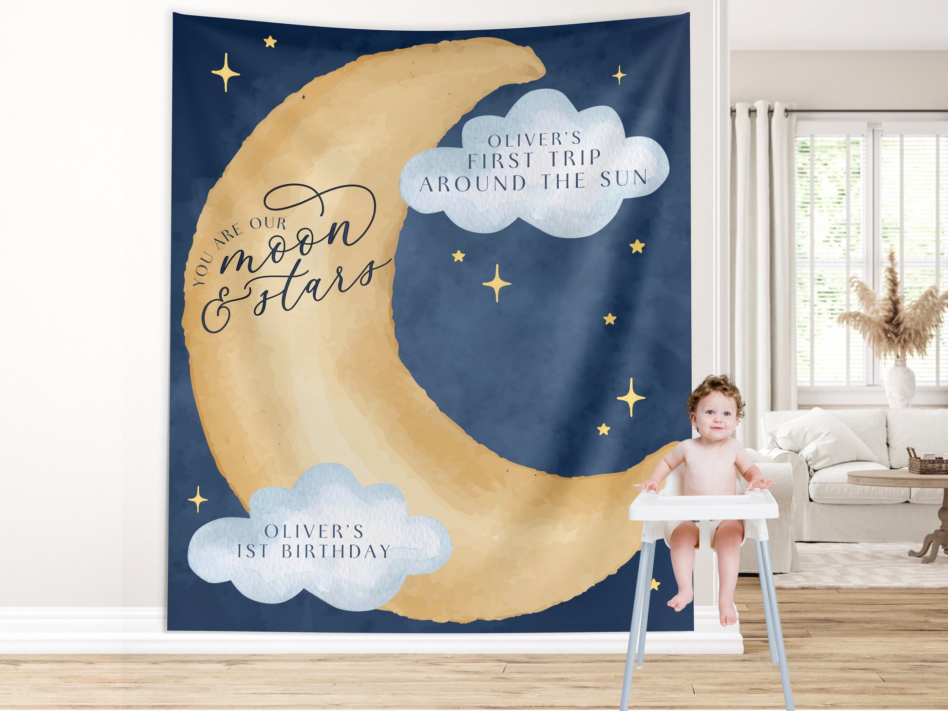 Moon and Stars Birthday Banner, Over the Moon Backdrop, Twinkle Little Star Gender Reveal Backdrop, Baby Shower, Two the Moon, First Trip